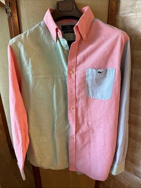 Vineyard Vines Men's Colorblock Button-Down in Green, Pink & Light Blue Size L